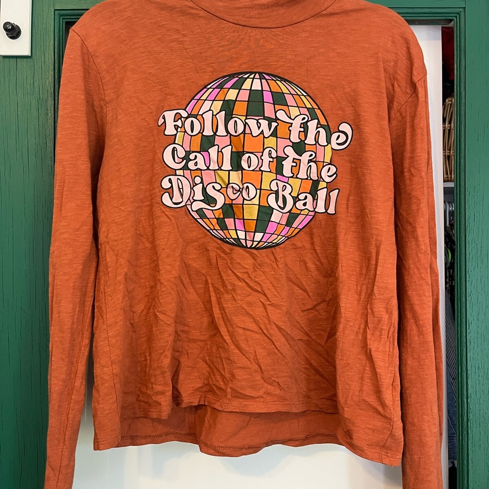 Orange Long Sleeve Tee with Disco Ball Graphic